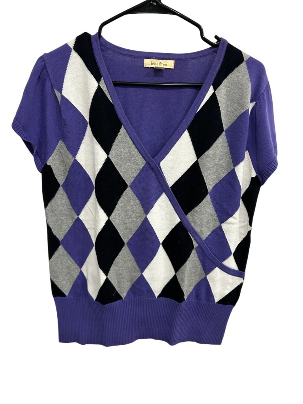 Brina & Em Argyle Short Sleeve Sweater Purple Black Sz Large V-Neck Stretch Knit